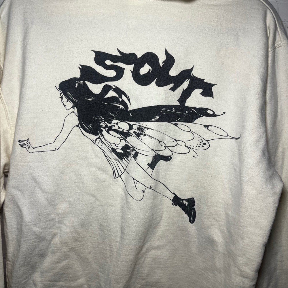 ✨Olivia Rodrigo Sour Tour Cream Distressed Hoodie Fairy Art Wings Pullover Sz M - Picture 6 of 9